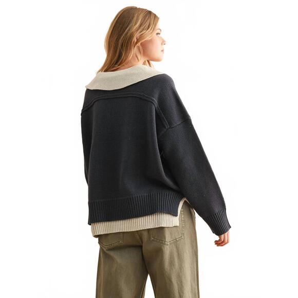 NEW MIOU MUSE color combo v-neck sweater top in navy - Picture 3 of 5